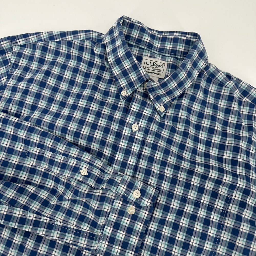 LL Bean Mens Large Blue Plaid Slightly Fitted Long Sleeve Cotton‎ Shirt Rugged